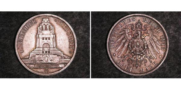 3 Марка Королівство Саксонія (1806 - 1918) Срібло 