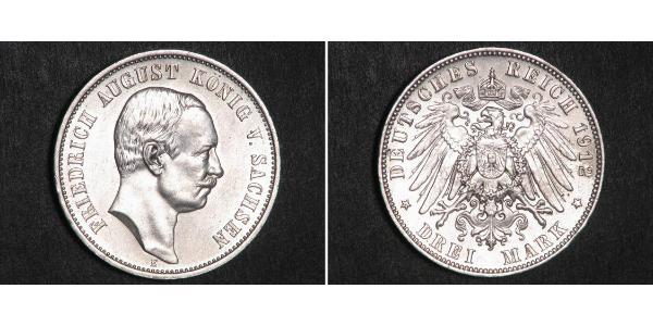 3 Марка Королівство Саксонія (1806 - 1918) Срібло Frederick Augustus III of Saxony (1865-1932)