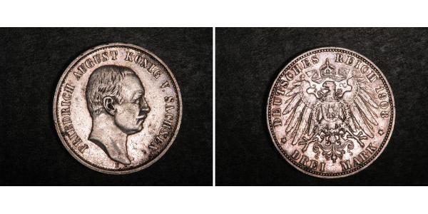 3 Марка Королівство Саксонія (1806 - 1918) Срібло Frederick Augustus III of Saxony (1865-1932)
