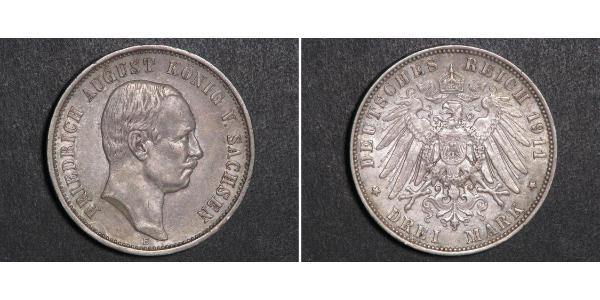 3 Марка Королівство Саксонія (1806 - 1918) Срібло Frederick Augustus III of Saxony (1865-1932)