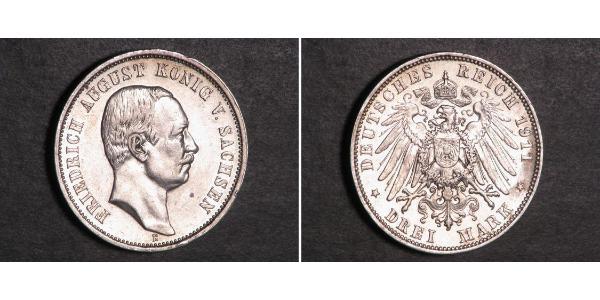3 Марка Королівство Саксонія (1806 - 1918) Срібло Frederick Augustus III of Saxony (1865-1932)