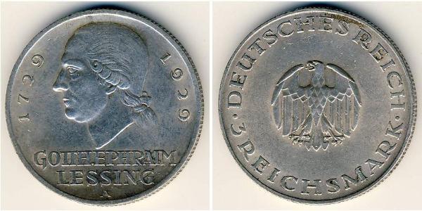 3 Марка Німецька імперія (1871-1918) Срібло Готгольд Ефраїм Лессінг