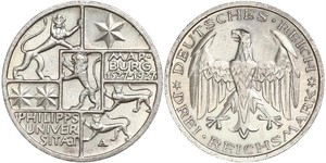 3 Марка / 3 Reichsmark Веймарская республика (1918-1933) Серебро 