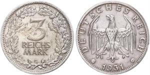 3 Марка / 3 Reichsmark Веймарская республика (1918-1933) Серебро 