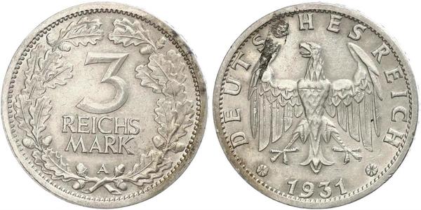 3 Марка / 3 Reichsmark Веймарская республика (1918-1933) Серебро 
