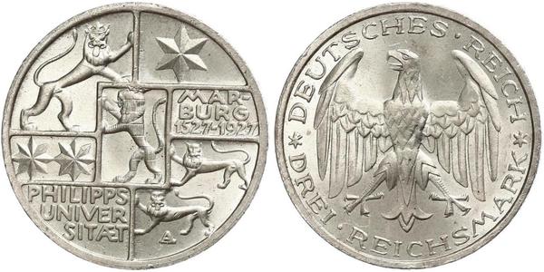 3 Марка / 3 Reichsmark Веймарская республика (1918-1933) Серебро 