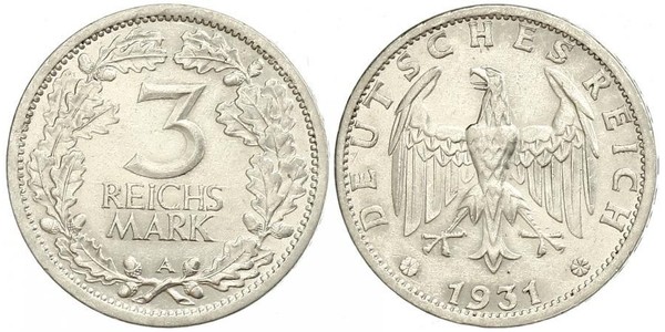 3 Марка / 3 Reichsmark Веймарская республика (1918-1933) Серебро 