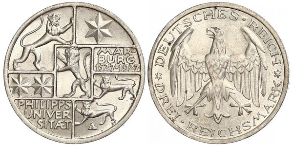 3 Марка / 3 Reichsmark Веймарская республика (1918-1933) Серебро 