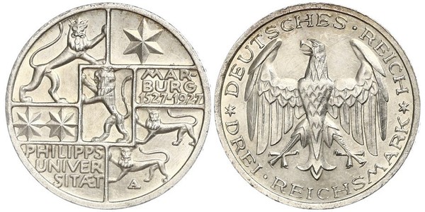 3 Марка / 3 Reichsmark Веймарская республика (1918-1933) Серебро 
