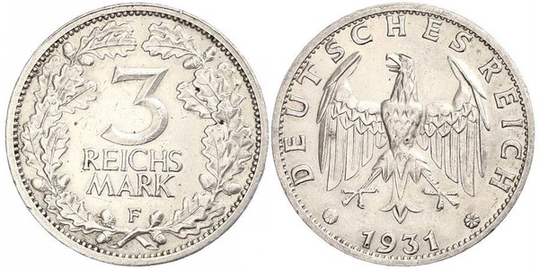 3 Марка / 3 Reichsmark Веймарская республика (1918-1933) Серебро 