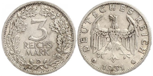 3 Марка / 3 Reichsmark Веймарская республика (1918-1933) Серебро 