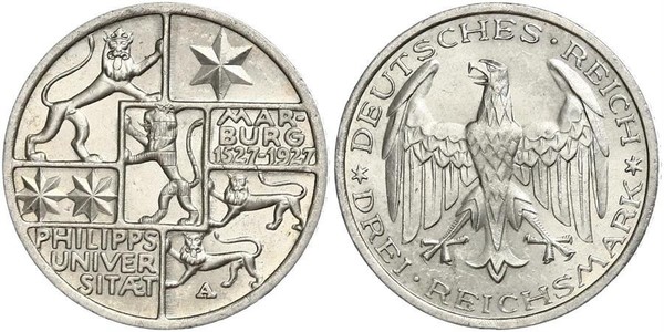 3 Марка / 3 Reichsmark Веймарская республика (1918-1933) Серебро 