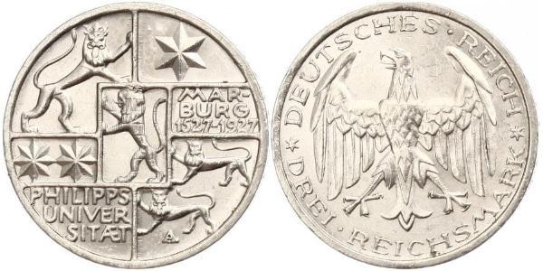 3 Марка / 3 Reichsmark Веймарская республика (1918-1933) Серебро 