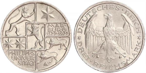 3 Марка / 3 Reichsmark Веймарская республика (1918-1933) Серебро 