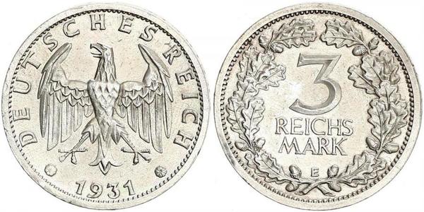 3 Марка / 3 Reichsmark Веймарская республика (1918-1933) Серебро 
