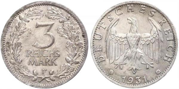 3 Марка / 3 Reichsmark Веймарская республика (1918-1933) Серебро 