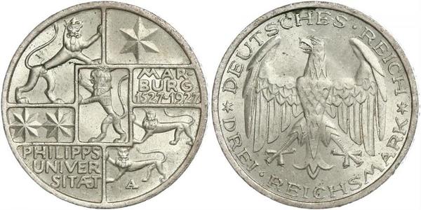 3 Марка / 3 Reichsmark Веймарская республика (1918-1933) Серебро 