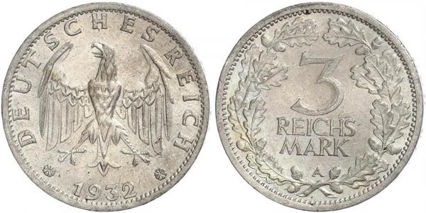 3 Марка / 3 Reichsmark Веймарская республика (1918-1933) Серебро 