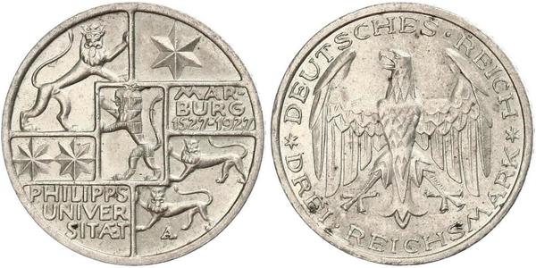 3 Марка / 3 Reichsmark Веймарская республика (1918-1933) Серебро 