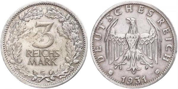 3 Марка / 3 Reichsmark Веймарская республика (1918-1933) Серебро 