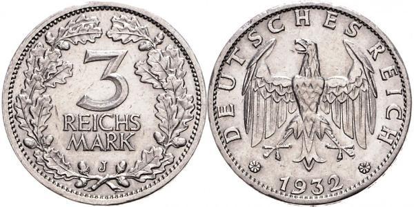 3 Марка / 3 Reichsmark Веймарская республика (1918-1933) Серебро 