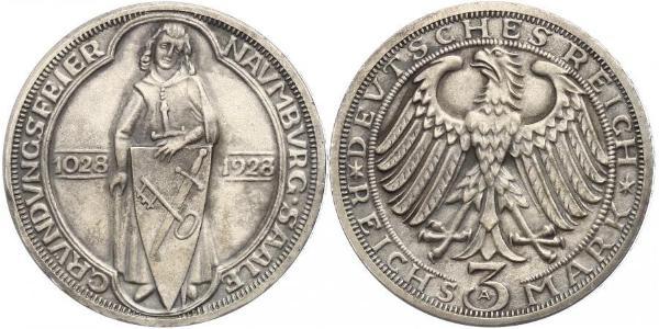 3 Марка / 3 Reichsmark Веймарская республика (1918-1933) Серебро 