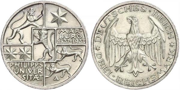 3 Марка / 3 Reichsmark Веймарская республика (1918-1933) Серебро 