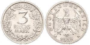 3 Марка / 3 Reichsmark Веймарська республіка (1918-1933) Срібло 