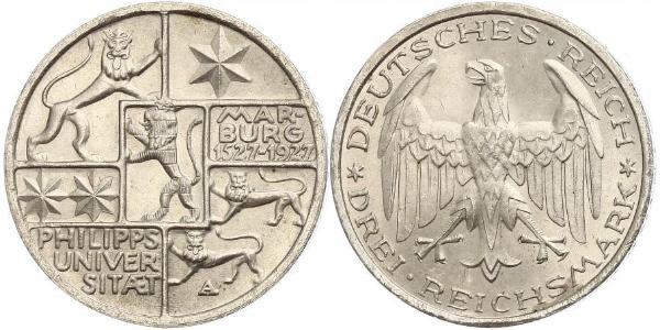 3 Марка / 3 Reichsmark Веймарська республіка (1918-1933) Срібло 