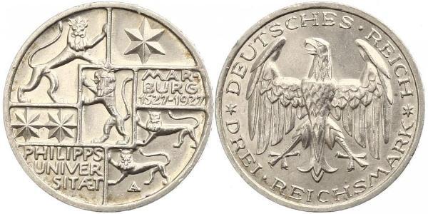 3 Марка / 3 Reichsmark Веймарська республіка (1918-1933) Срібло 