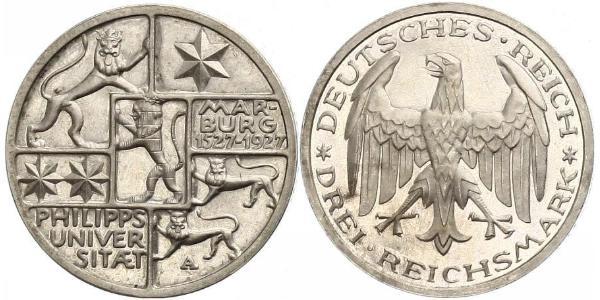 3 Марка / 3 Reichsmark Веймарська республіка (1918-1933) Срібло 