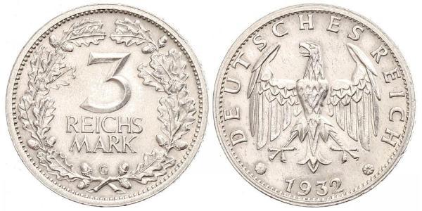 3 Марка / 3 Reichsmark Веймарська республіка (1918-1933) Срібло 