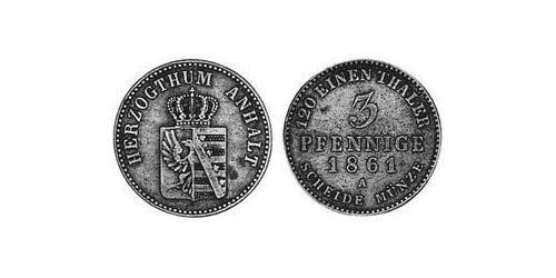 3 Пфенниг Ангальт-Бернбург (1603 - 1863) Медь Александр Карл ,герцог Ангальт-Бернбурга,(1805 – 1863)