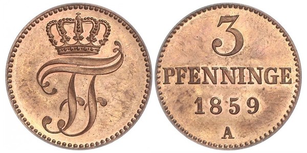 3 Пфеніг Герцогство Мекленбург-Шверин (1352-1918) Мідь Фрідріх Франц II (великий герцог Мекленбург-Шверінський)