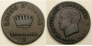 3 Сентесімо Королівство Італія (Наполеонівське) (1805–1814) Мідь Наполеон I Бонапарт(1769 - 1821)