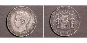 40 Centavo Porto Rico Argent Alfonso XIII of Spain (1886 - 1941)