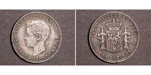 40 Centavo Porto Rico Argent Alfonso XIII of Spain (1886 - 1941)