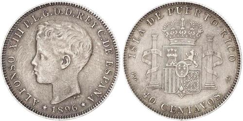 40 Centavo Porto Rico Argent Alfonso XIII of Spain (1886 - 1941)