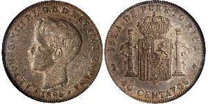 40 Centavo Puerto Rico Plata Alfonso XIII of Spain (1886 - 1941)