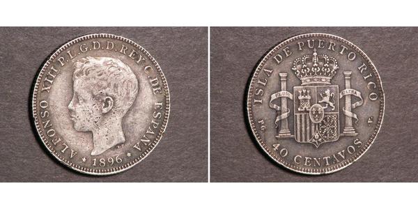 40 Centavo Puerto Rico Silver Alfonso XIII of Spain (1886 - 1941)