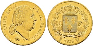 40 Franc Kingdom of France (1815-1830) Oro Luigi XVIII di Francia (1755-1824)