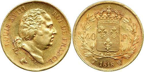 40 Franc Kingdom of France (1815-1830) Oro Luigi XVIII di Francia (1755-1824)