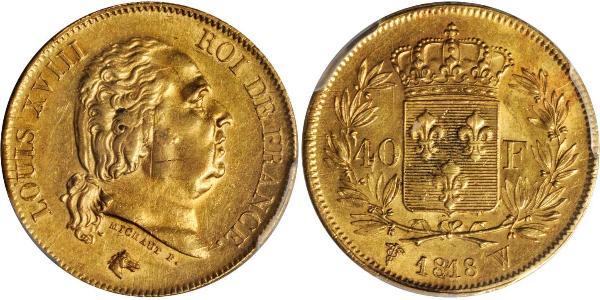 40 Franc 波旁复辟 金 路易十八 (1755 - 1824)