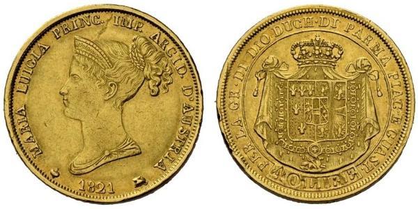 40 Ліра https://en.wikipedia.org/wiki/Duchy_of_Parma (1545 - 1859) / Італія Золото Марія-Луїза Австрійська