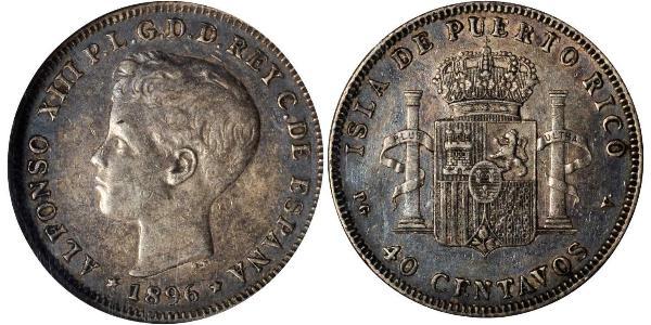 40 Сентаво Пуерто-Ріко Срібло Alfonso XIII of Spain (1886 - 1941)