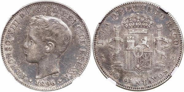 40 Сентаво Пуерто-Ріко Срібло Alfonso XIII of Spain (1886 - 1941)