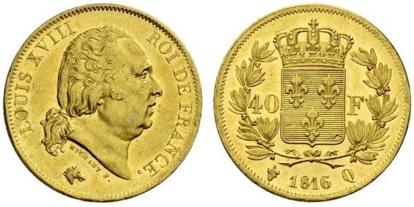 40 Франк Kingdom of France (1815-1830) Золото Людовик XVIII (1755-1824)