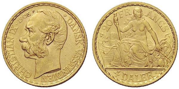 4 Daler / 20 Franc 丹麦 金 克里斯蒂安九世 (1818-1906)