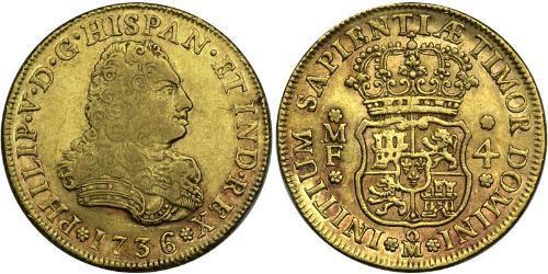 4 Escudo Spanish Mexico  / Kingdom of New Spain (1519 - 1821) Gold Philip V of Spain(1683-1746)