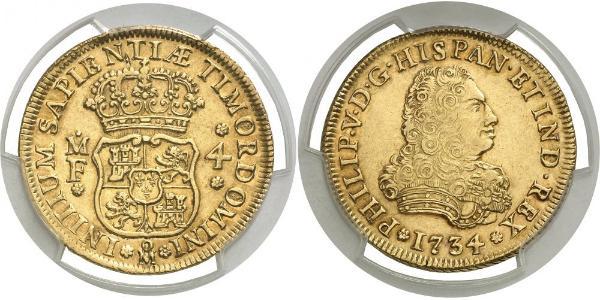 4 Escudo Vicereame della Nuova Spagna (1519 - 1821) Oro Filippo V di Spagna (1683-1746)